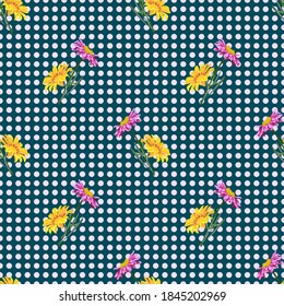 Seamless pattern with floral print. Cute garden flowers on polka dot background. Design for fabric, wallpaper, gift wrapping, home textiles.