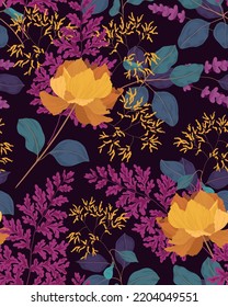 Seamless pattern, floral print with dark botanical composition in vintage style. Hand drawn autumn, winter botany: wild plants, yellow flowers, twigs, purple fern leaves on a dark background. Vector.