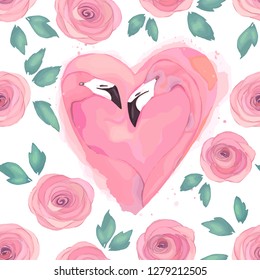 Seamless pattern. Floral print with flamingo. For wrapping, wallpaper, greeting card. Vector illustration