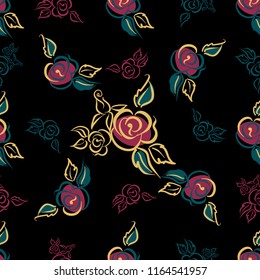 Seamless pattern. Floral print. Roses. bouquets. Decorative. Black background. Vector.