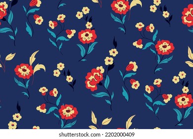 Seamless pattern, floral print in traditional folk style. Winter botanical background design with decorative hand drawn plants: wild flowers, leaves on blue. Vector illustration.