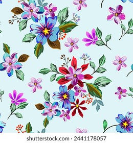 Seamless pattern of floral prints - purple, blue, bright red - in spring. Light blue background for fabric and wallpaper. gift wrapping paper