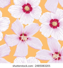 Seamless pattern floral with purple pastel Hibiscus flowers on isolated background.Vector illustration hand drawn.For fabric fashion print design or product packaging.