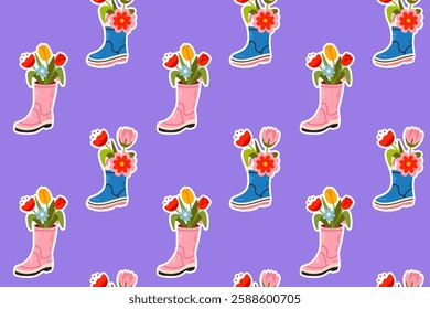 A seamless pattern of floral rain boots on a purple background. A fun and playful design for fabric, stationery, and seasonal decor.