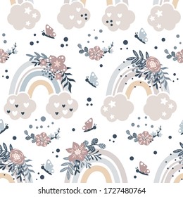 seamless pattern with floral rainbow and cloud - vector illustration, eps