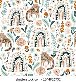 Seamless pattern with floral rainbows and cute cheetah. Creative blooming texture. Great for fabric, textile Vector Illustration