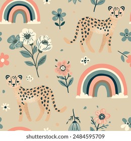 Patrón sin costuras con arcos iris florales y guepardo lindo. Creativa textura floreciente. Ideal para tela, Ilustración vectorial textil