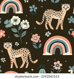 Seamless pattern with floral rainbows and cute cheetah. Creative blooming texture. Great for fabric, textile Vector Illustration