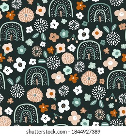 Seamless pattern with floral rainbows and hand drawn flowers. Creative blooming texture. Great for fabric, textile Vector Illustration