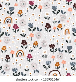 Seamless pattern with floral rainbows and hand drawn flowers. Creative floristic texture. Great for fabric, textile Vector Illustration