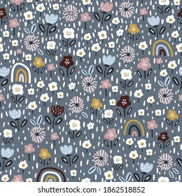 Seamless pattern with floral rainbows and hand drawn flowers. Creative floristic texture. Great for fabric, textile Vector Illustration