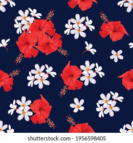 Seamless pattern floral with red Hibiscus adn frangipani flowers abstract background.Vector illustration watercolor hand drawning.fabric fashion design