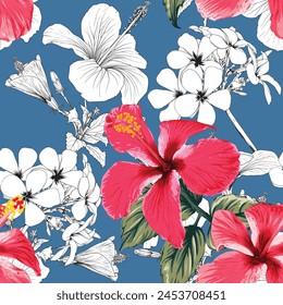 Seamless pattern floral with red Hibiscus and frangipani flowers abstract background.Vector illustration  hand drawning line art.For fabric pint design.