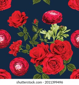 Seamless pattern floral with red Persian buttercup and flowers abstract background.Vector illustration hand drawn.fabric textile pattern print design