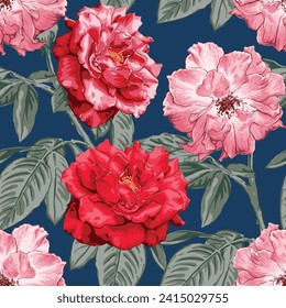 Seamless pattern floral with red rose flowers abstract background.Vector illustration watercolor hand drawning.For fabric pattern print design.