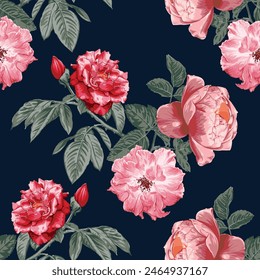 Seamless pattern floral with red rose flowers abstract background.Vector illustration watercolor hand drawning.For fabric pattern print design.