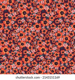 Seamless pattern, floral retro print with red poppy on a dark field. Painted botanical background with flower heads, leaves, blooming summer meadow. Vector illustration.