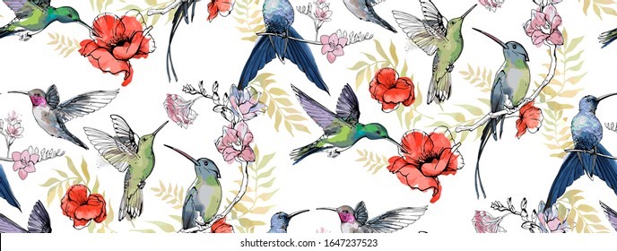 Seamless pattern with floral romantic elements, hand drawn colibri for your design. Endless texture, sketch humming-birds, watercolor flowers, isolated on white background. Vector illustration. 