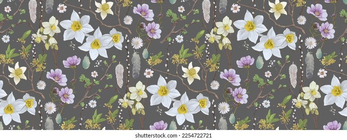 Seamless pattern with floral romantic elements, hand drawn daffodils, chamomile and other plants. Endless texture, watercolor sketch flowers, feathers. Vector illustration on dark grey for your design