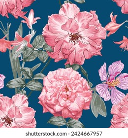 Seamless pattern floral with rose flowers abstract background.Vector illustration watercolor hand drawning.For fabric pattern print design.