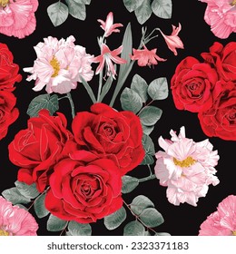 Nahtlose Muster Blüte mit Rose und Lilienblumen abatractem Hintergrund.Vektor-Illustration handgezeichnet.Für Stoff Modedesign oder Produktverpackung.