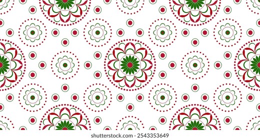 Seamless pattern with floral round elements. Red, green circular motifs on white background. Flowers delicate mandala vector illustration. Traditional geometry folk bright ornament for holiday decor.