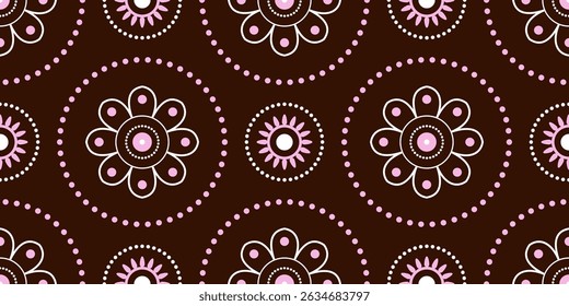 Seamless pattern with floral round elements. White pink circular motifs on dark brown background. Flowers delicate mandala vector illustration. Traditional plant folk sweet ornament for holiday decor