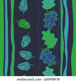 Seamless    pattern  of  floral and striped motif, doodles, acorns, leaves, oak . Hand drawn.