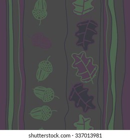 Seamless    pattern  of  floral and striped motif, doodles, acorns, leaves, oak . Hand drawn.