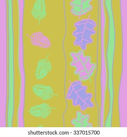 Seamless    pattern  of  floral and striped motif, doodles, acorns, leaves, oak . Hand drawn.