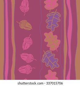Seamless    pattern  of  floral and striped motif, doodles, acorns, leaves, oak . Hand drawn.
