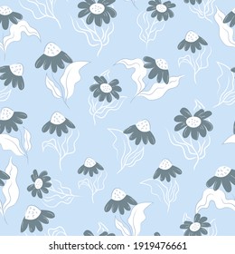 Seamless Pattern Floral Style Blue Daisies White Background Design Vector