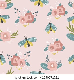 Seamless pattern in floral style with flying insects for design