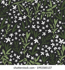 Seamless Pattern in Floral Style. Small Flowers on Black Background. Vector Illustration