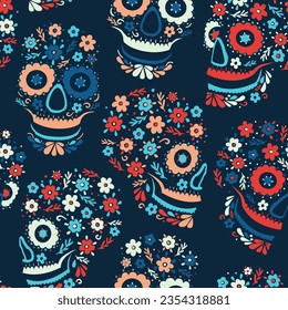 Seamless pattern with floral sugar skulls and flowers. The Day of the Dead. Beautiful colorful illustration.