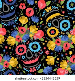 Seamless pattern with floral sugar skulls and flowers. The Day of the Dead. Beautiful colorful illustration.