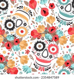 Seamless pattern with floral sugar skulls and flowers. The Day of the Dead. Beautiful colorful illustration isolated on white.