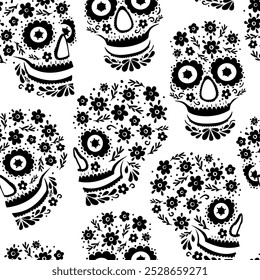 Seamless pattern with floral sugar skulls and flowers. The Day of the Dead. Beautiful black and white illustration.