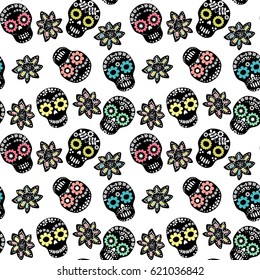 Seamless pattern with floral sugar skulls and flowers on white background