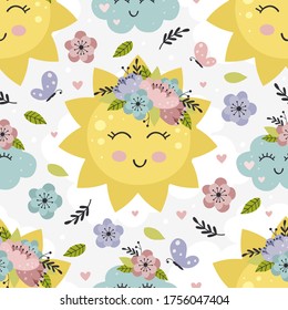 seamless pattern with floral sun and cloud -  vector illustration, eps
