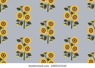 Seamless pattern of floral sunflowers. Fashionable handmade plant in a naive style. Decorative modern botanical background. Vector illustration