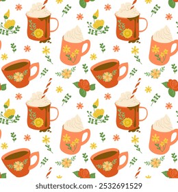 Seamless pattern of floral tea cups and mugs of hot beverages with whipped cream, surrounded by flowers and leaves isolated on white background. Vector illustration for textile, fabric, wrapping