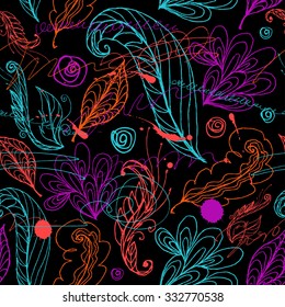 Seamless pattern, floral texture with hand drawn flowers and plants. Floral ornament. Original floral seamless pattern on black background. 