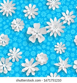 Seamless pattern with floral texture in light blue colors and big white paper flowers with soft shadows