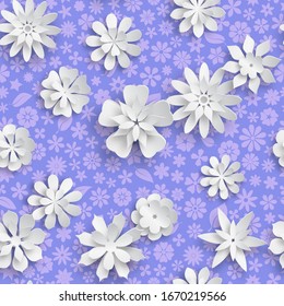 Seamless pattern with floral texture in purple colors and big white paper flowers with soft shadows