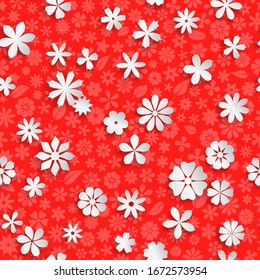 Seamless pattern with floral texture in red colors and big white paper flowers with soft shadows