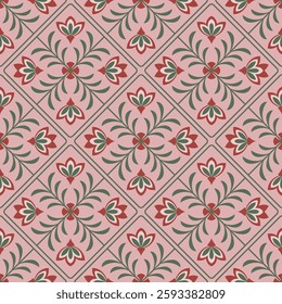 Seamless pattern of floral tiles in pink, red and green colours.
