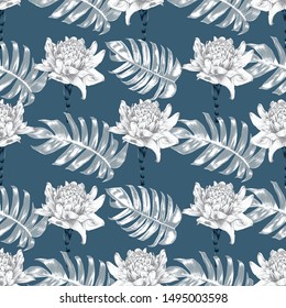 Seamless pattern floral with Torch ginger (Etlingera elatior) flowers and monstera leaf on isolated background.Vector illustration dry watercolor hand drawning style.For fabric texture design