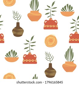 Seamless Pattern Floral. Vase And Plants In Terra Cotta Colors. Boho Vector For Home Decor ,textile,paper,wallpaper