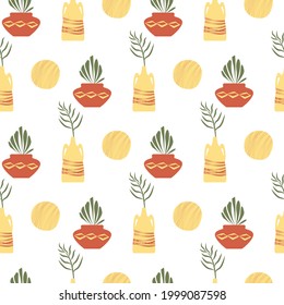 seamless pattern floral. vase and plants in terra cotta colors. boho vector for home decor ,textile,paper,wallpaper